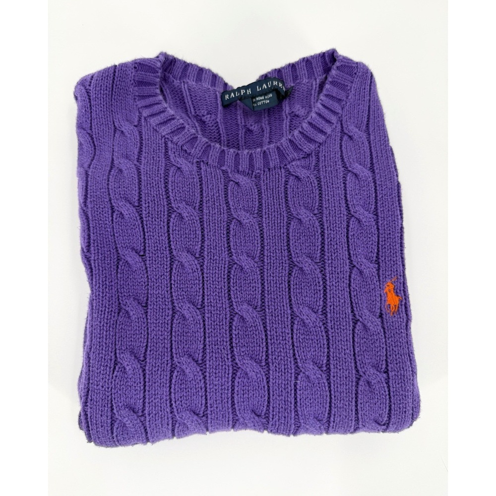 Ralph Lauren Womens M Purple Cable Knit Cotton Crewneck Sweater Orange Pony